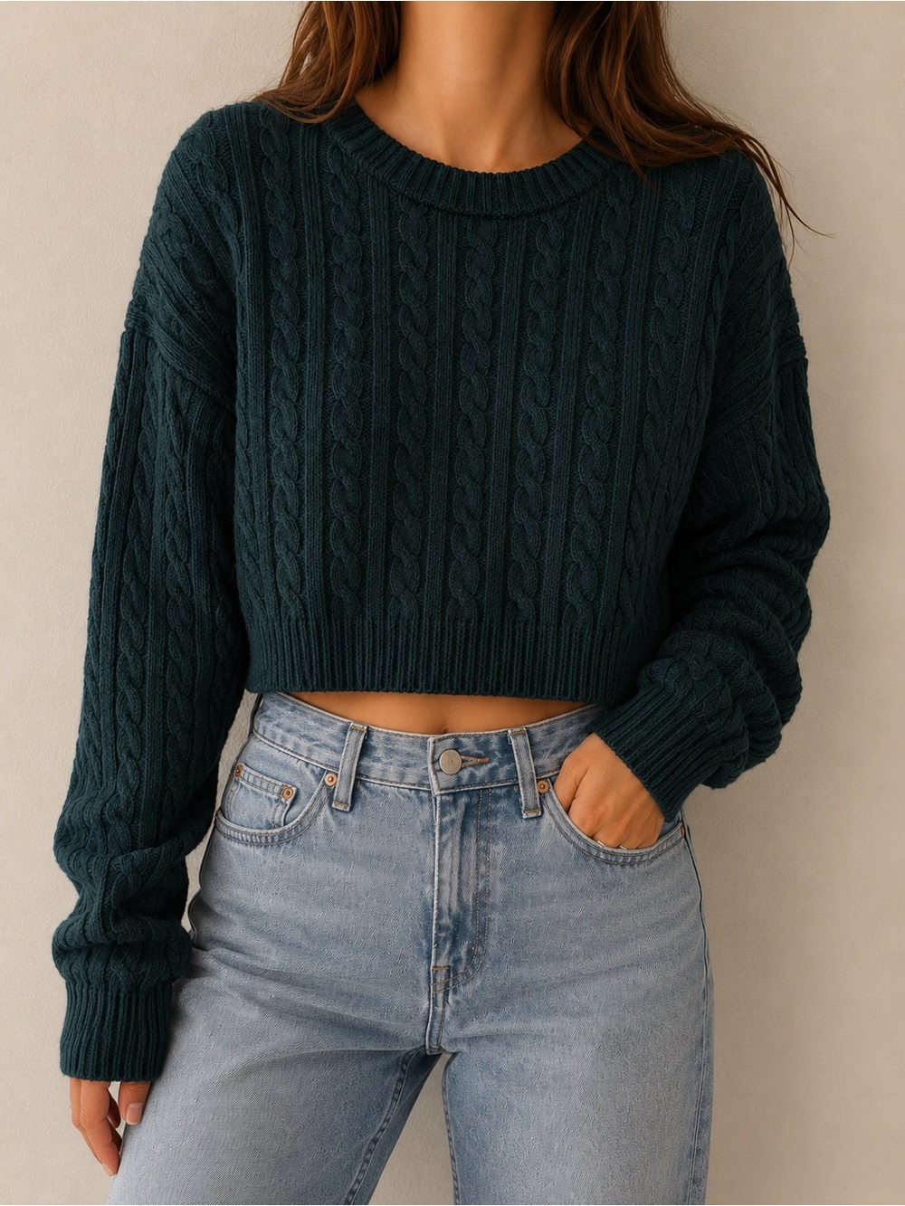 Altar'd State Dark Green Cable Knit Cropped Crew Sweater